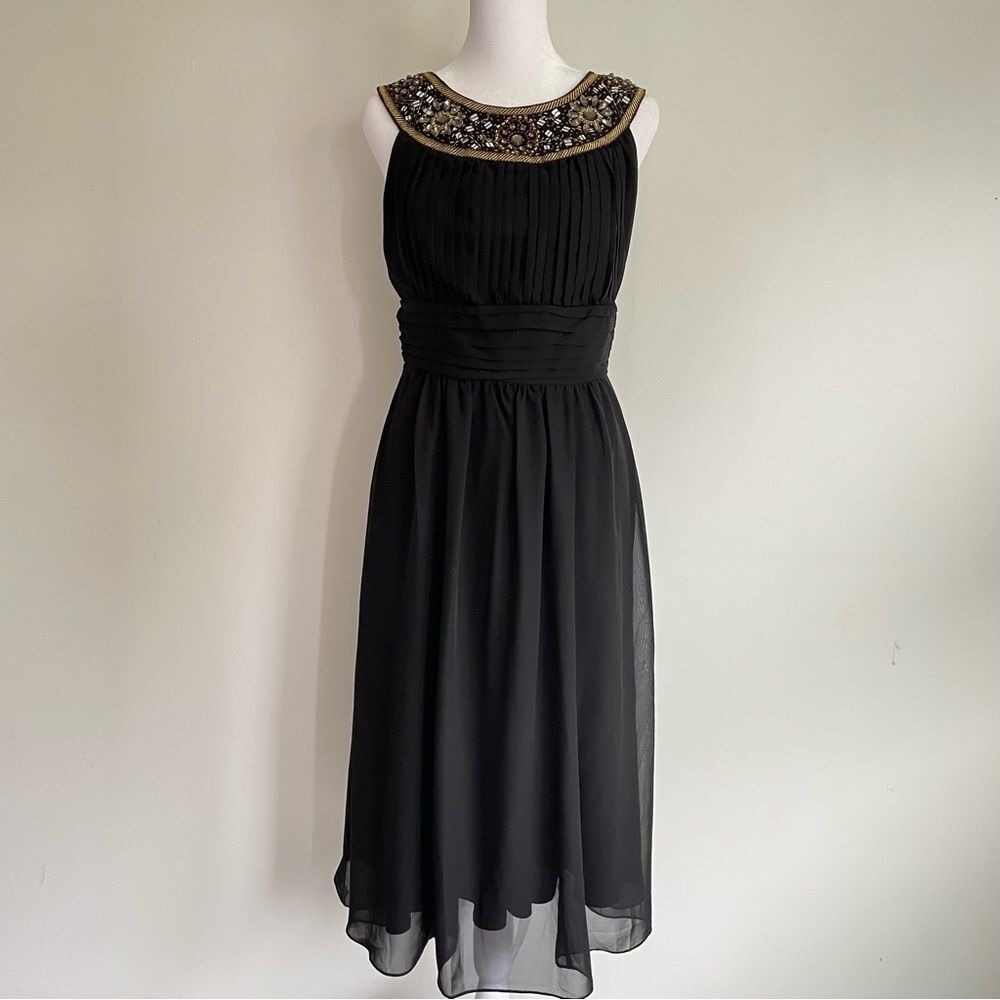 Antthony Studo Black Beaded Semi Formal Pleated Bib Midi Dress NWT Size 4